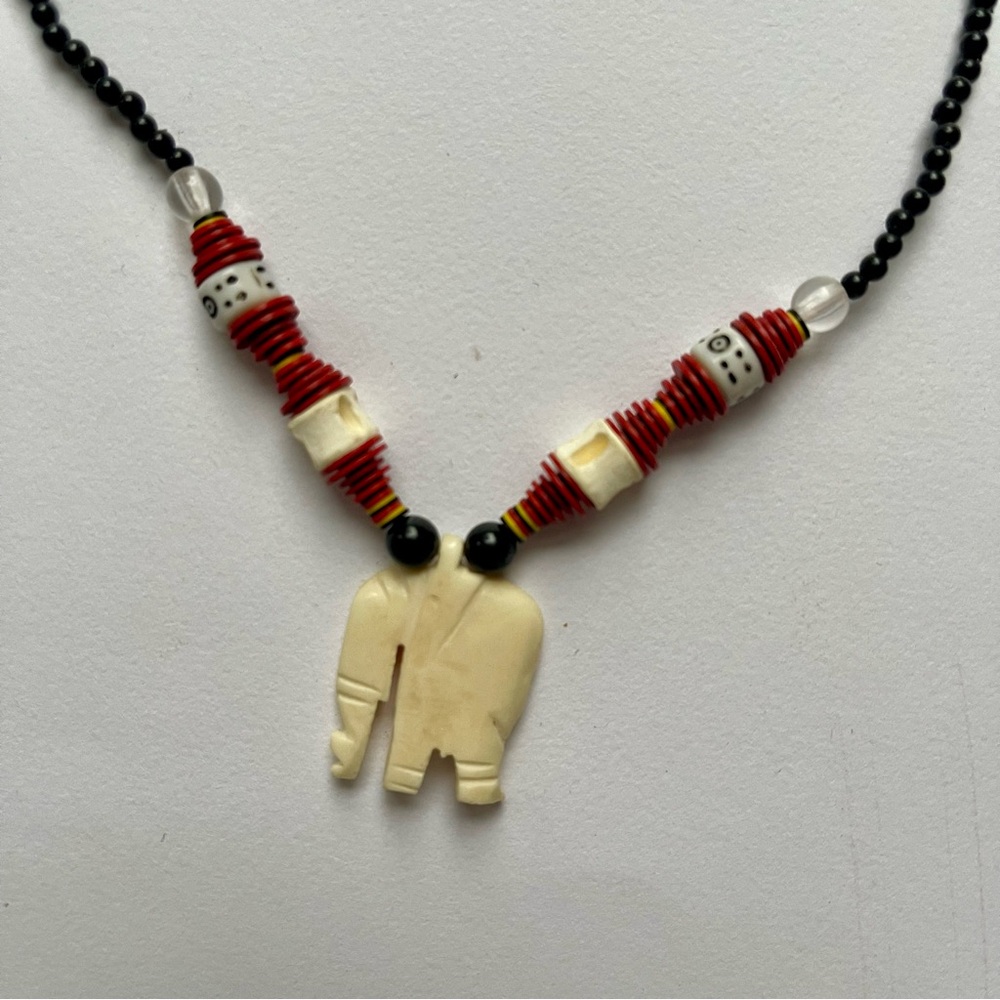 Elephant Necklace Pendant Handmade Black Red Beads Tribal Boho Global